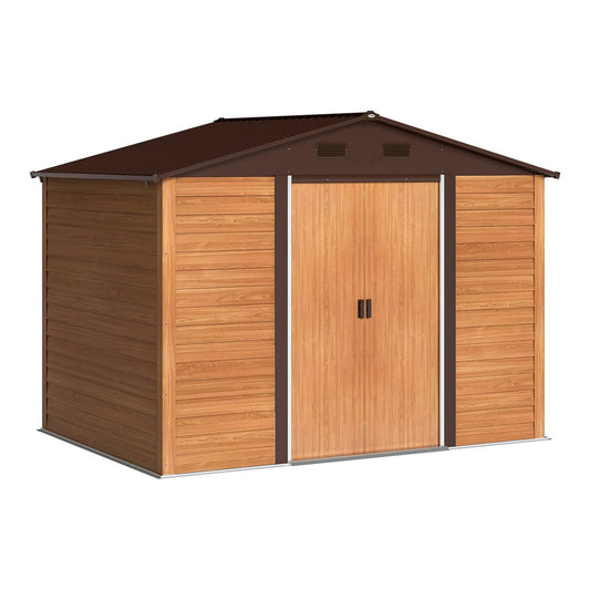 Outsunny Galvanised Steel Shed with wood effect finish and double sliding doors
