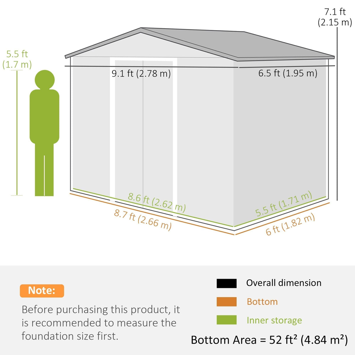 A diagram showing the dimensions of the garden shed