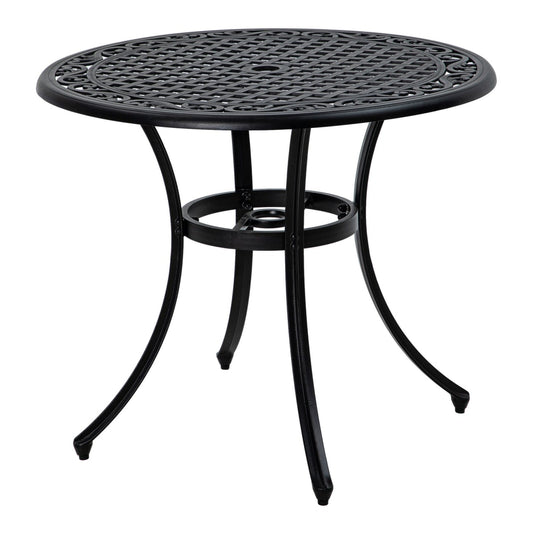 Outsunny Four-Seated Round Aluminium Garden Table, a black metal table with a decorative lattice top and four curved legs
