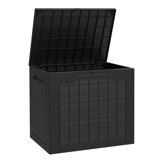Outsunny 93L Plastic Garden Storage Box, a black outdoor storage container with lid open