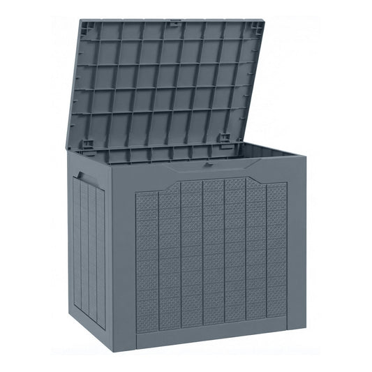 Outsunny 93L Plastic Garden Storage Box with lid open, showing the inside storage space