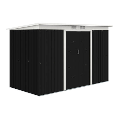 Outsunny Metal Garden Shed in dark grey with white trim and double doors