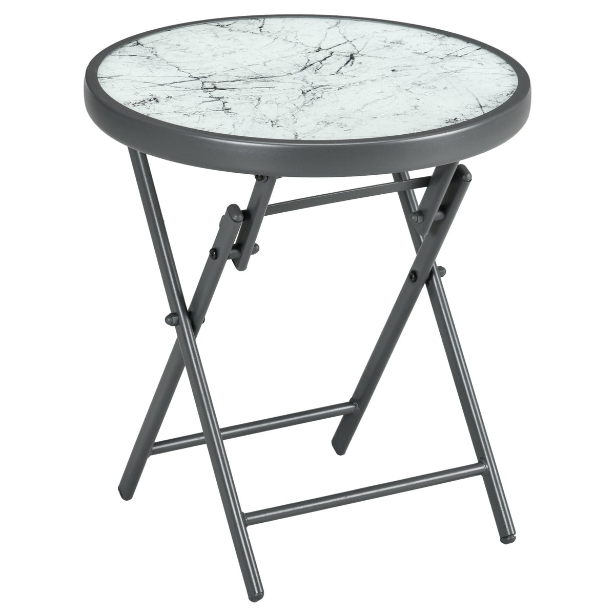Outsunny a45cm Garden Side Table, a round folding patio table with a white imitation marble glass top