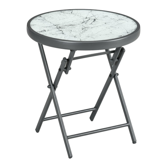 Outsunny a45cm Garden Side Table, a round folding patio table with a white imitation marble glass top