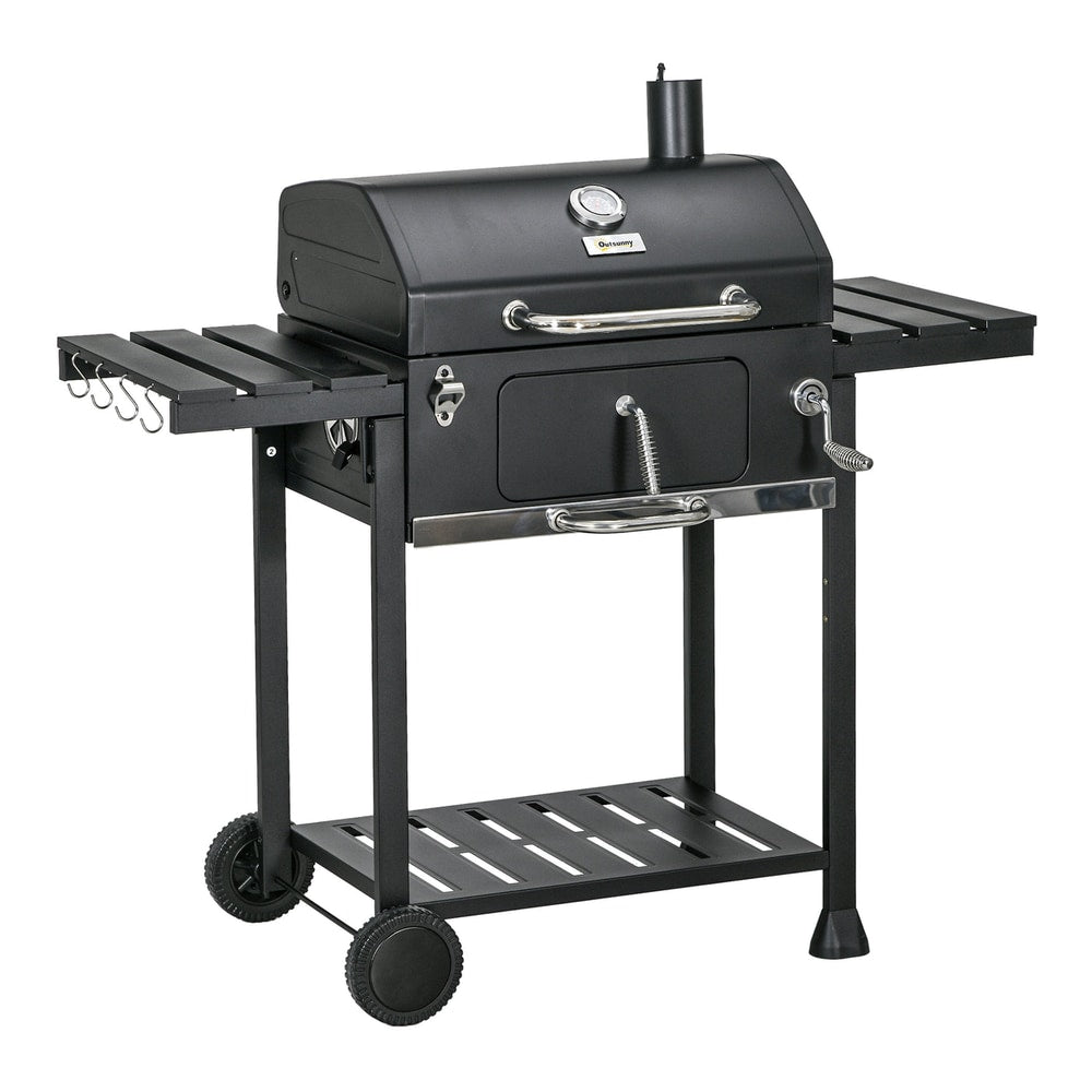 Outsunny Adjustable Charcoal Pan BBQ with side shelves and a lower storage rack on wheels