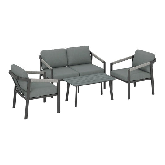 Outsunny Aluminium Garden Furniture Set, a grey loveseat, two armchairs and a slatted coffee table