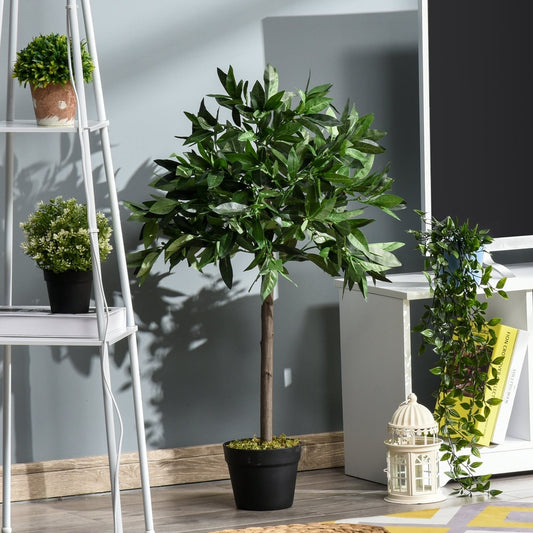 Two artificial bay laurel topiary trees with pots, one in a room next to a shelf and a lantern