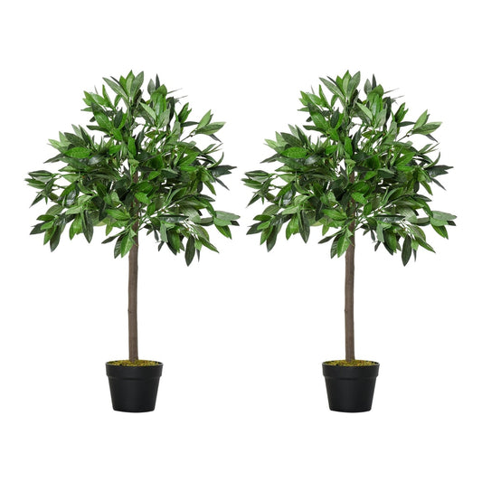 Outsunny Artificial Bay Laurel Topiary Trees w/ Pot Fake, a set of two green plants in black pots