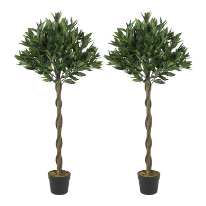 Outsunny Artificial Bay Laurel Topiary Trees with Twisted Trunk, a set of two trees in black pots