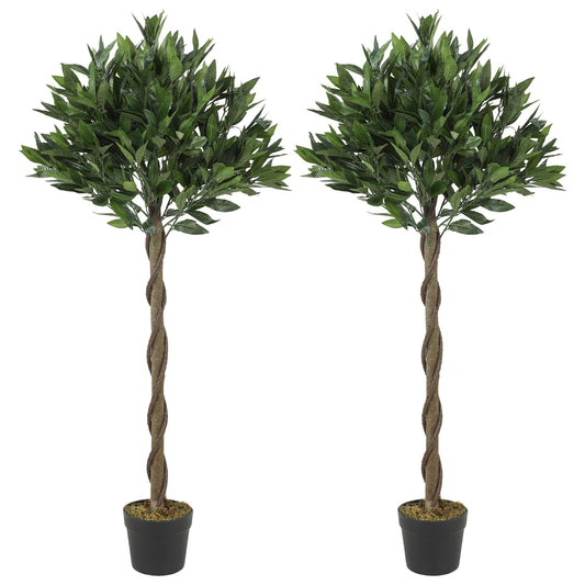 Outsunny Artificial Bay Laurel Topiary Trees with Twisted Trunk, a set of two trees in black pots