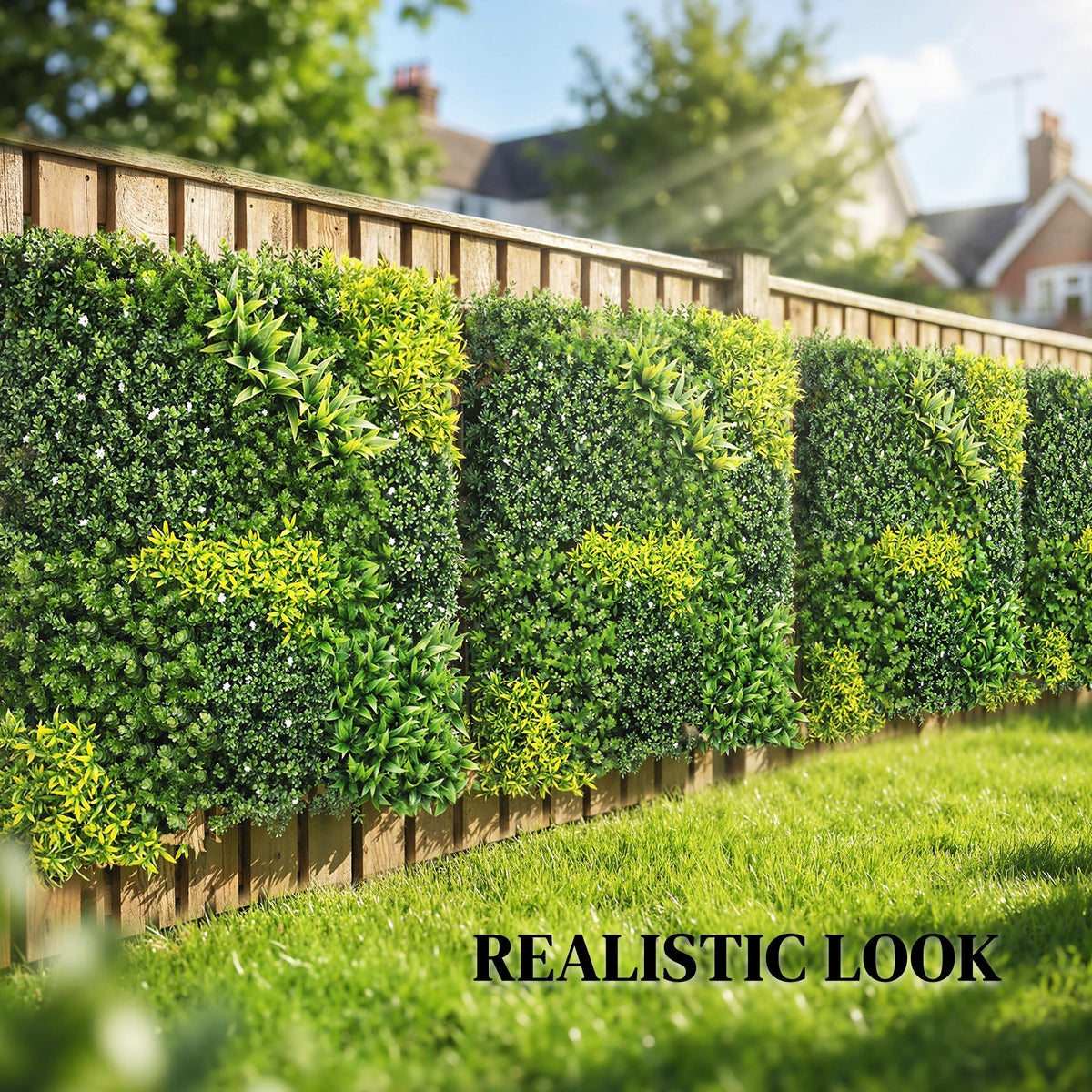 The artificial fence panels attached to a wooden garden fence in a sunny outdoor setting