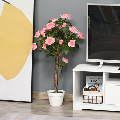 The artificial pink rose floral plant is placed in a living room next to a white cabinet