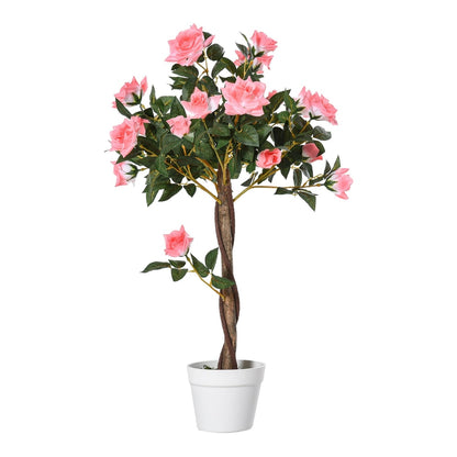 Outsunny Artificial Plants Pink Rose Floral in Pot, a realistic pink rose floral plant in a white pot