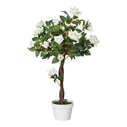Outsunny Artificial Plants White Rose Floral in Pot, a realistic artificial white rose tree in a white pot