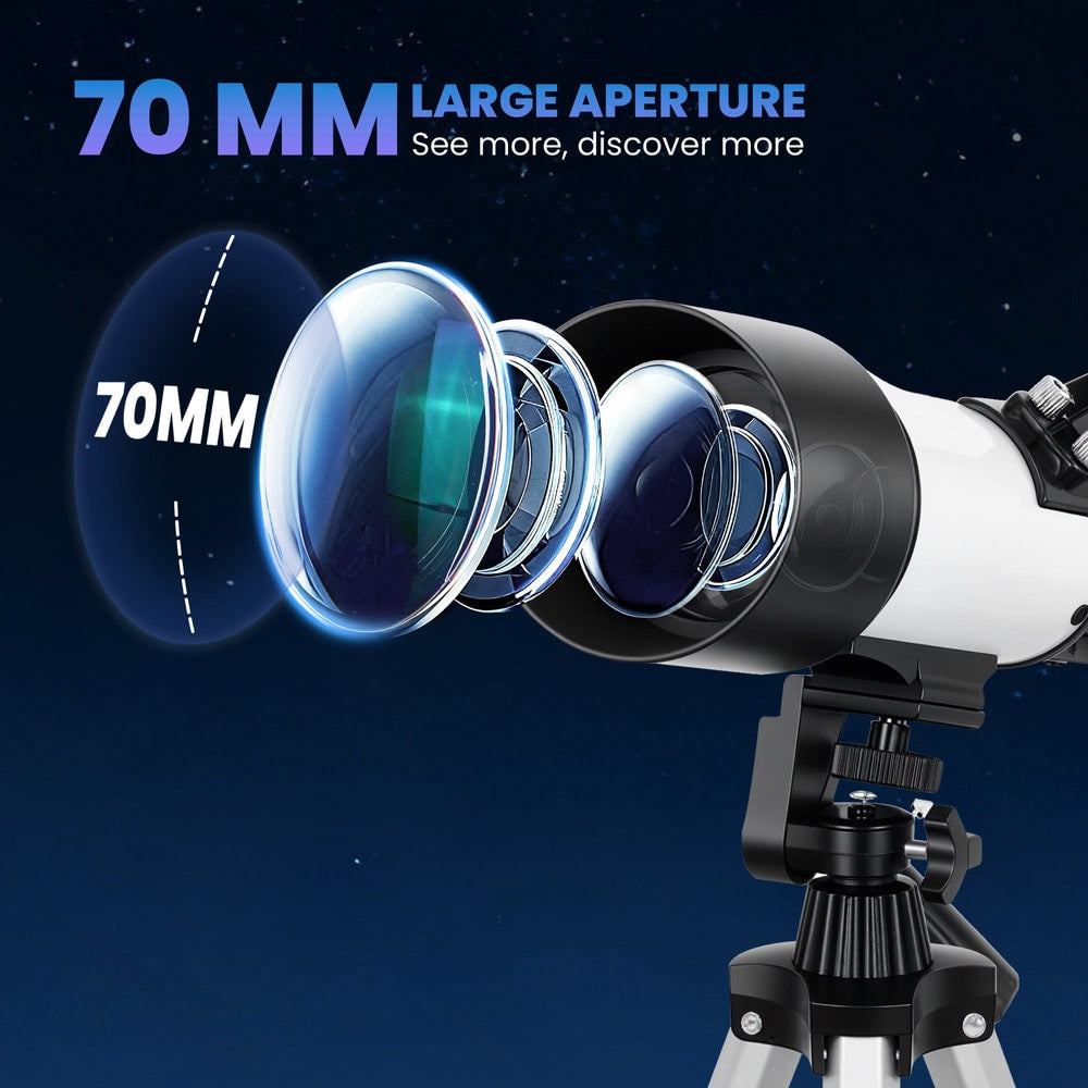 Close-up of the 70 mm aperture of the astronomy telescope