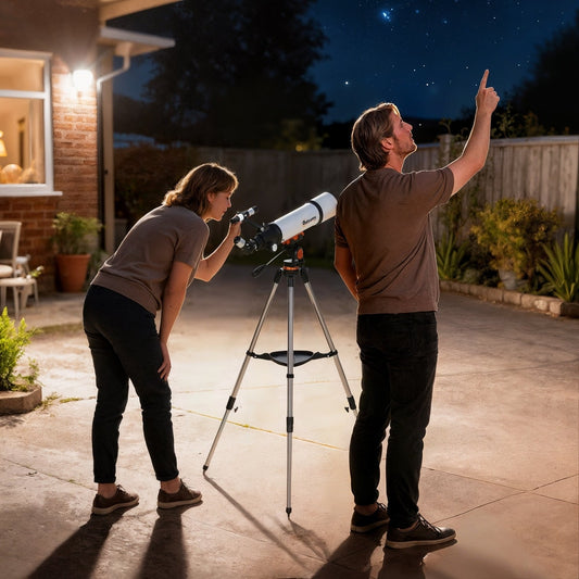 A man and a woman look through the astronomy telescope at the night sky