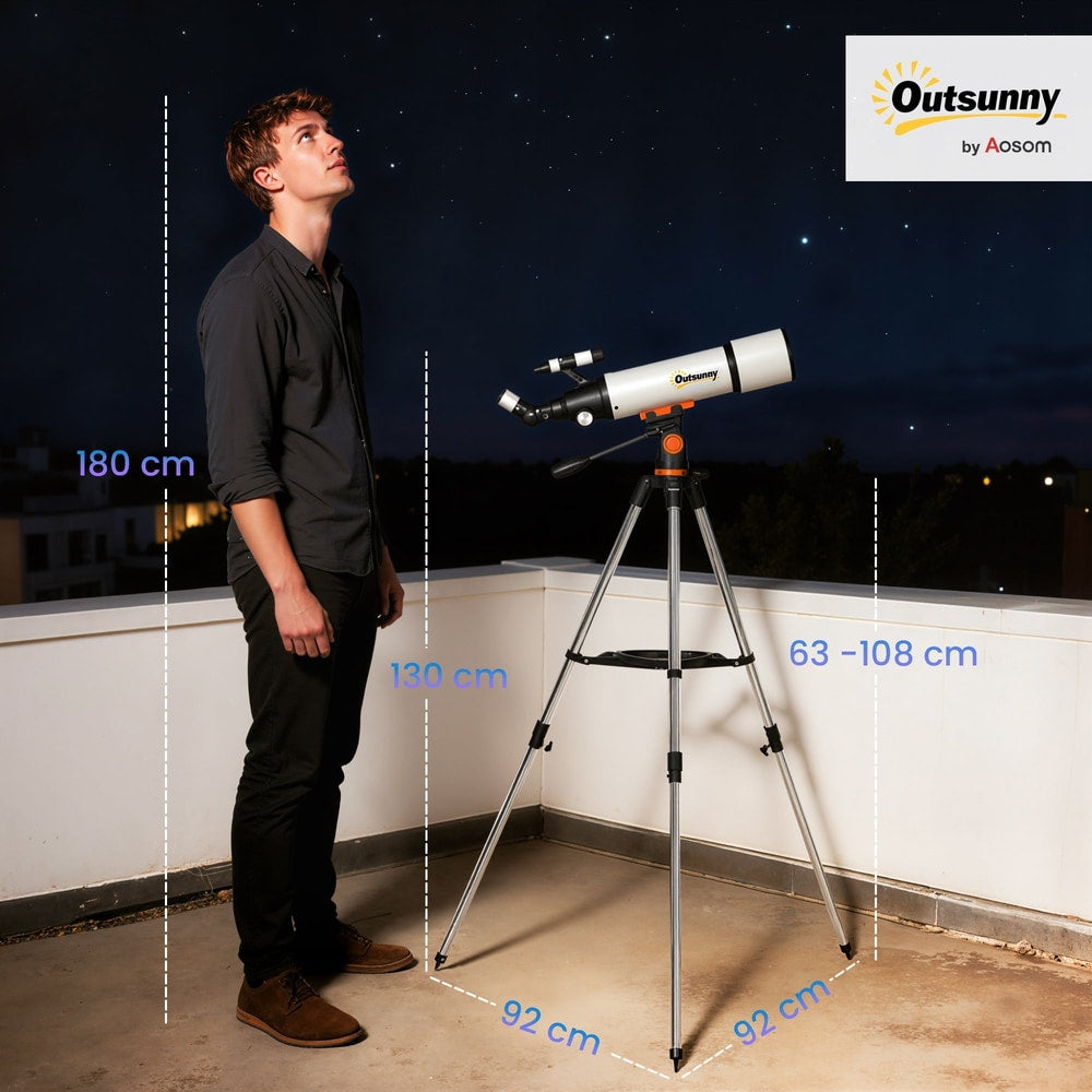The astronomy telescope is shown with a person for scale