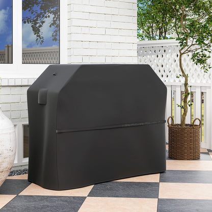 The black barbecue cover is shown on a gas grill on a patio with checkered tiles