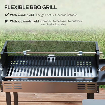 The charcoal grill showing the adjustable grill grate and the removable windshield panel