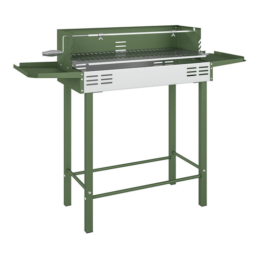 Outsunny BBQ Rotisserie Grill Roaster Charcoal Spit Roasting Machine in dark green with side shelves and a lower shelf