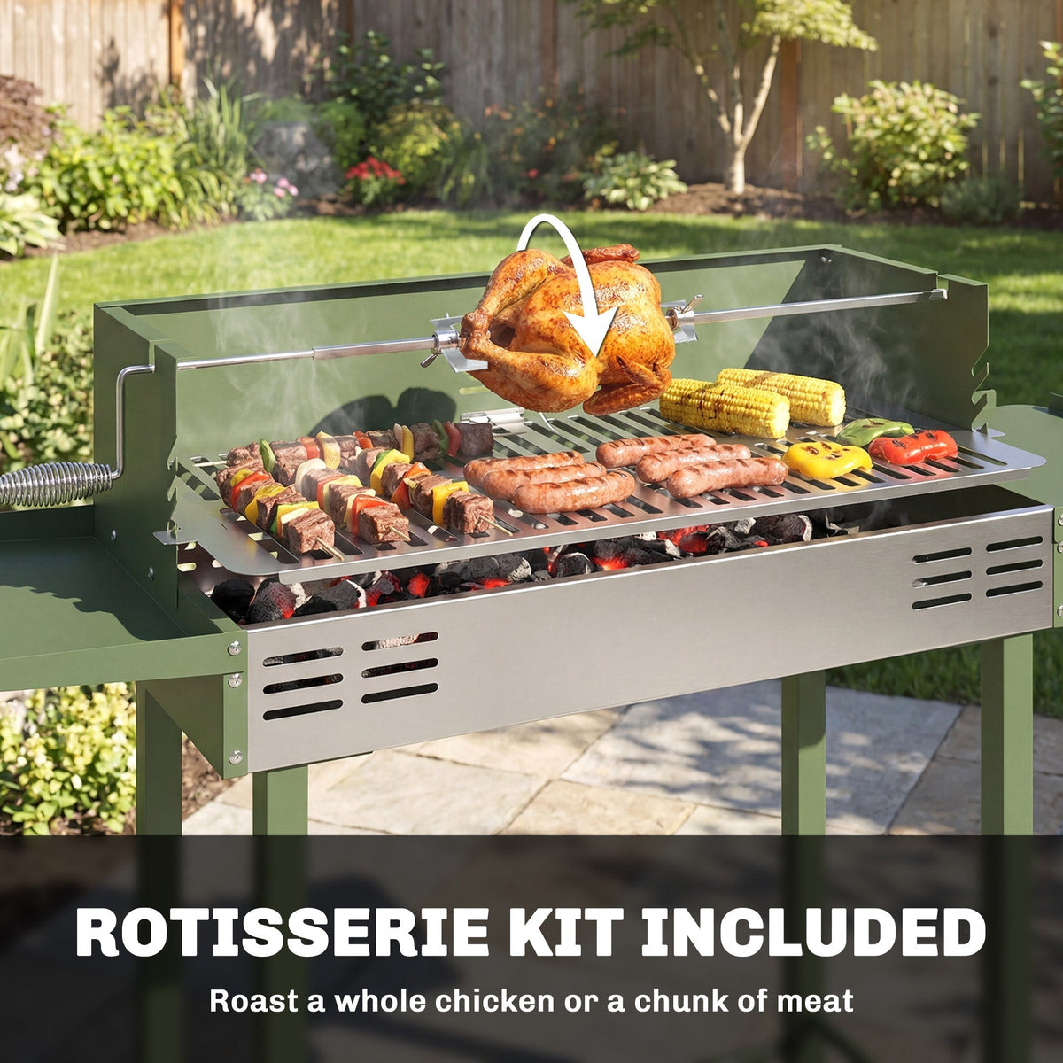 Close up of the charcoal grill roaster with rotisserie kit cooking chicken and skewers