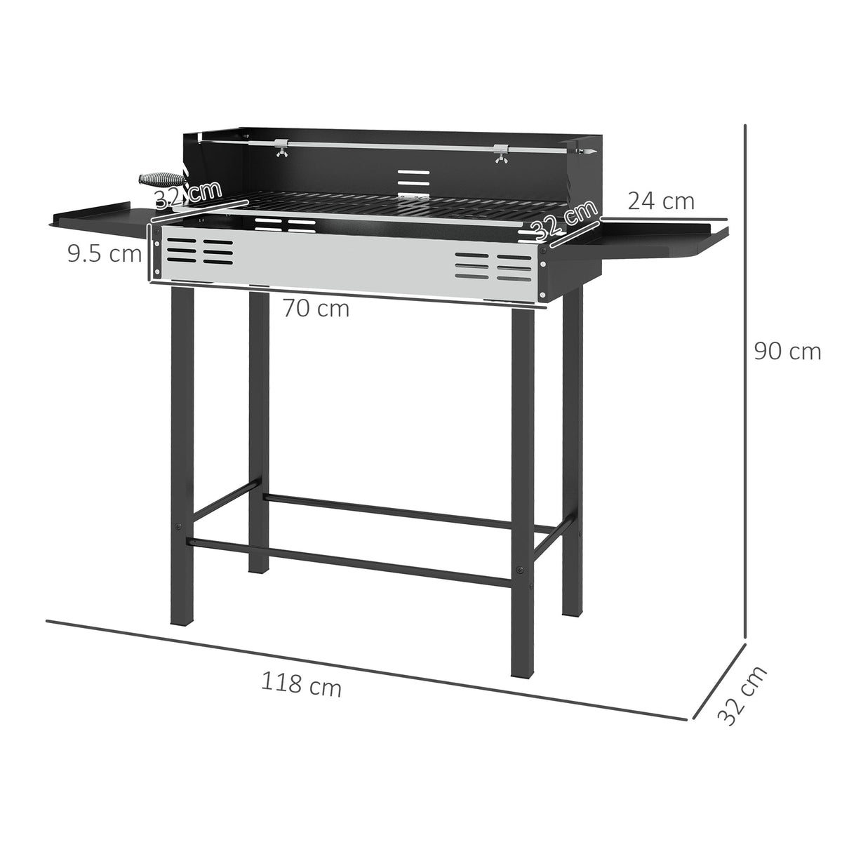 The charcoal grill showing overall dimensions with arrows indicating height width and depth