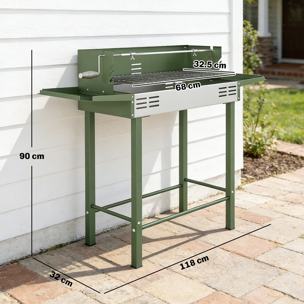 The dark green charcoal grill roaster shown with dimensions marked