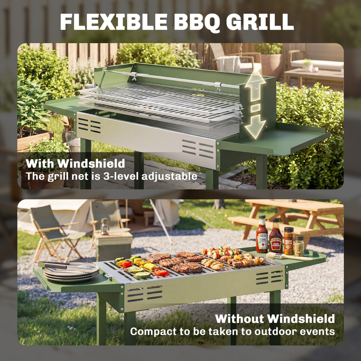 The dark green charcoal grill roaster shown with and without its windshield attachment