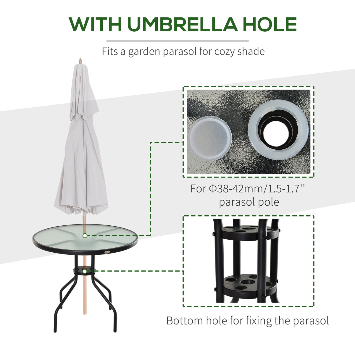 Round garden table with a parasol hole and a diagram showing how to fix the parasol pole