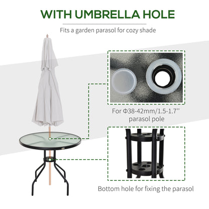 Round garden table with a parasol hole and a diagram showing how to fix the parasol pole