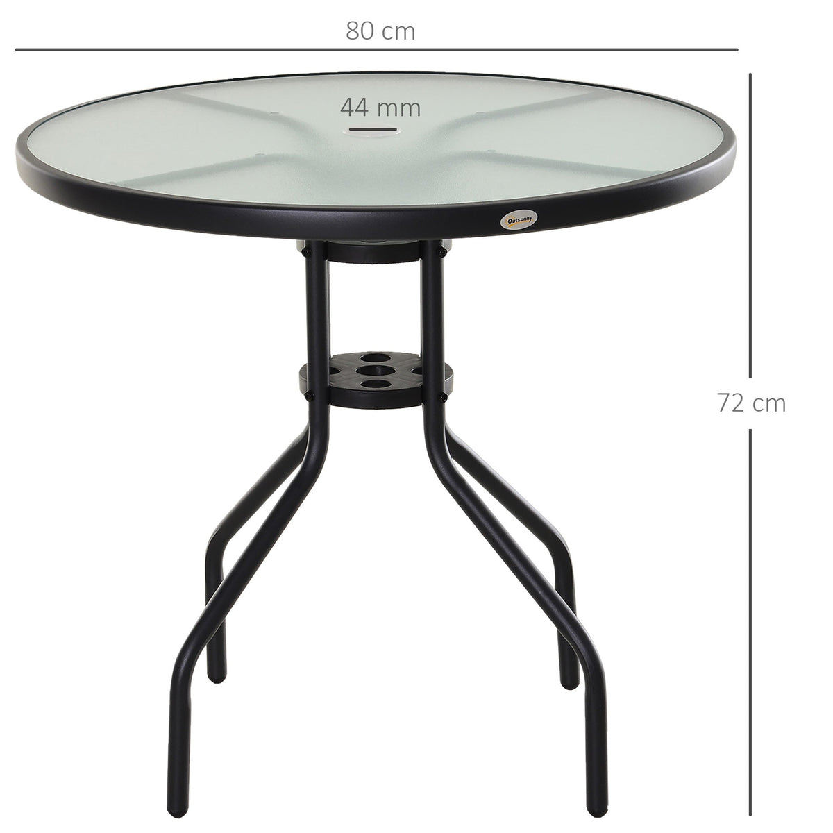 Round garden table with a glass top and black metal legs, showing dimensions