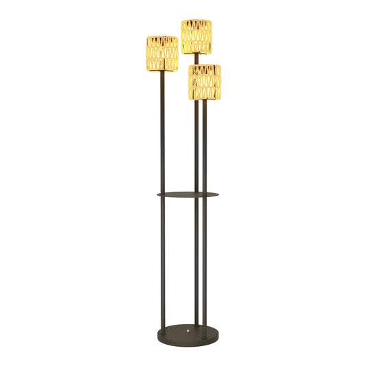 Outsunny Boho Rattan Floor Lamp with three lit shades and a central shelf on a black metal stand