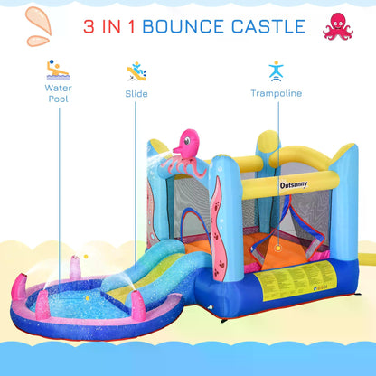 The bouncy castle with labels pointing to the pool slide and trampoline sections