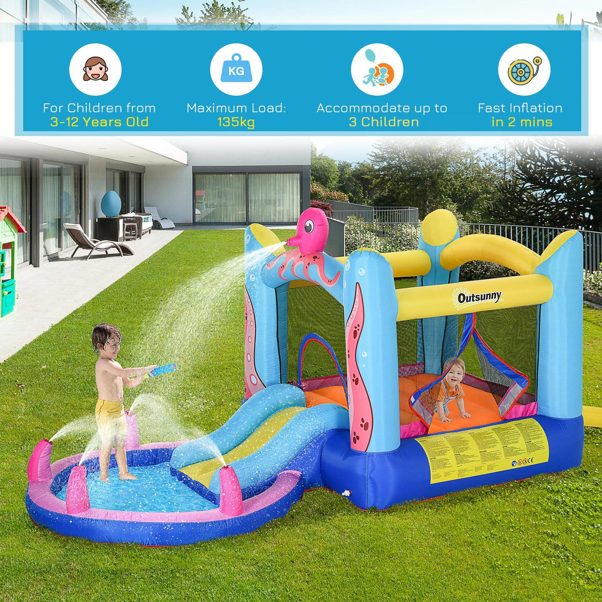 The bouncy castle in use on a lawn with icons explaining age and weight limits above it