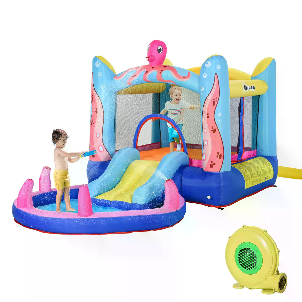 Outsunny Bounce Castle Inflatable Trampoline Slide Pool Octopus Design with air blower on white
