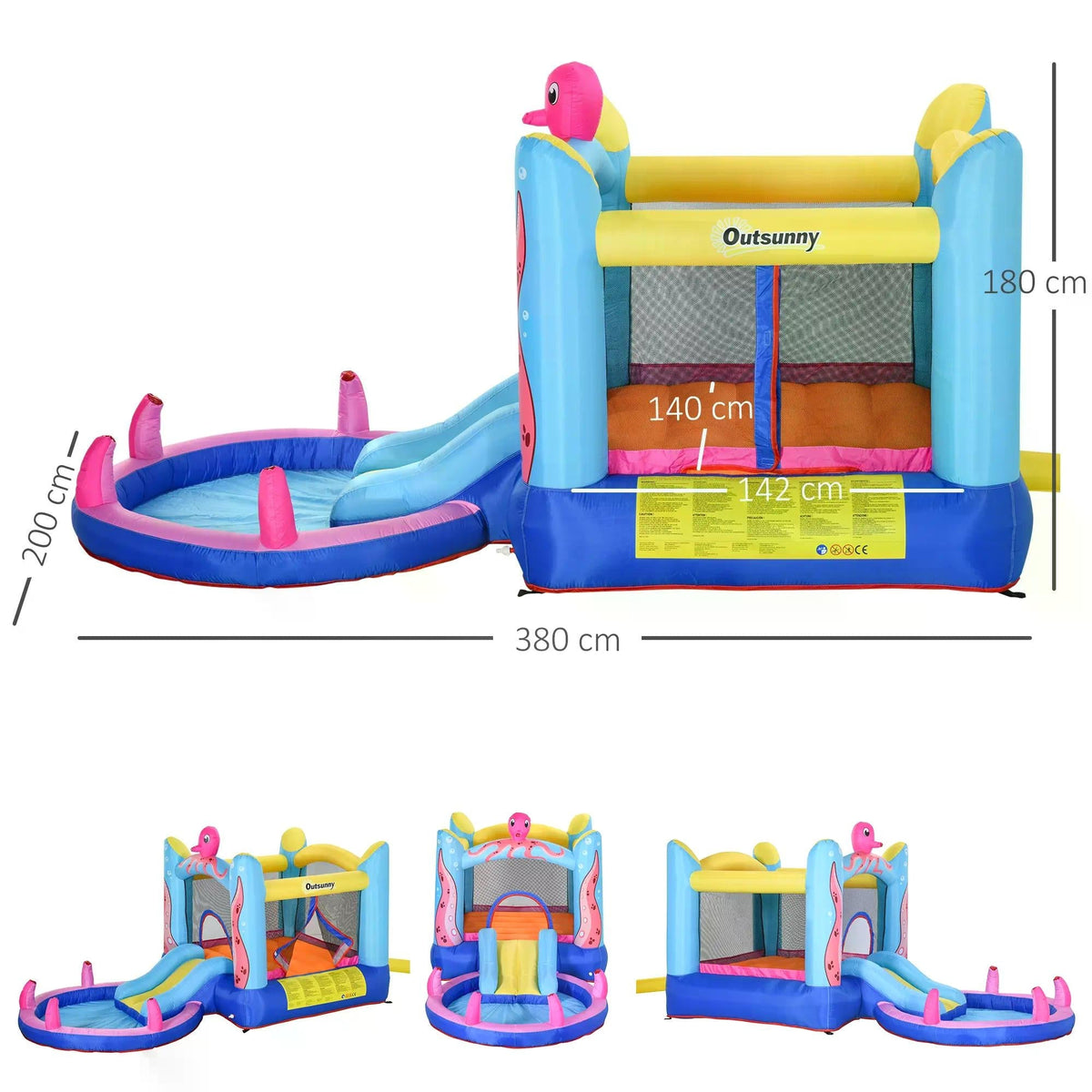 The bouncy castle shown from three different angles with technical lines indicating dimensions