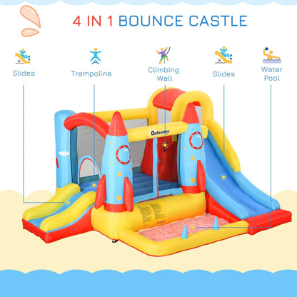 This inflatable bouncy castle has four features: slides, trampoline, climbing wall and water pool
