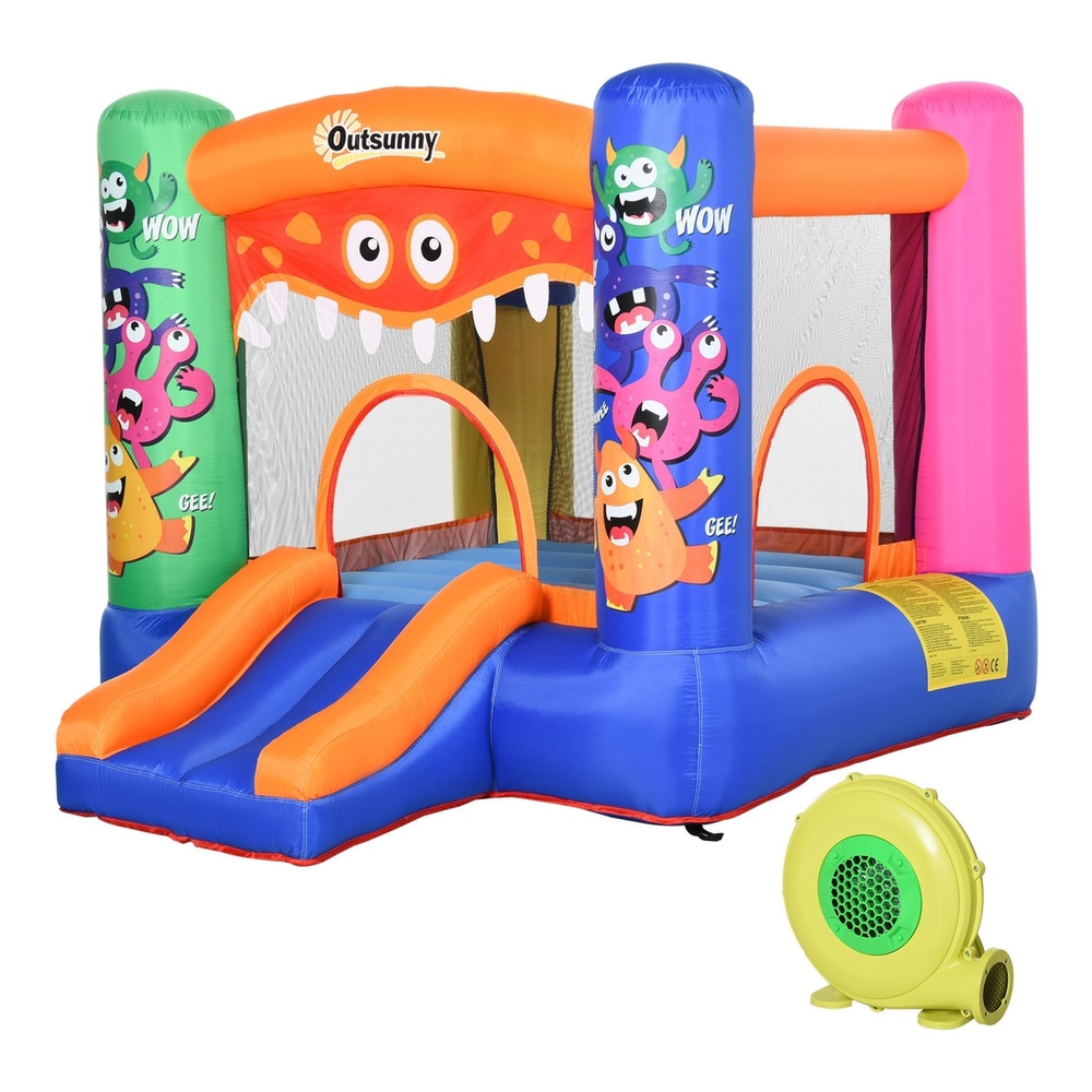 Outsunny Bouncy Castle Inflatable Basket Trampoline Slide Monster Design with colourful monsters and two slides