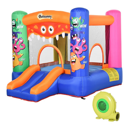 Outsunny Bouncy Castle Inflatable Basket Trampoline Slide Monster Design with colourful monsters and two slides