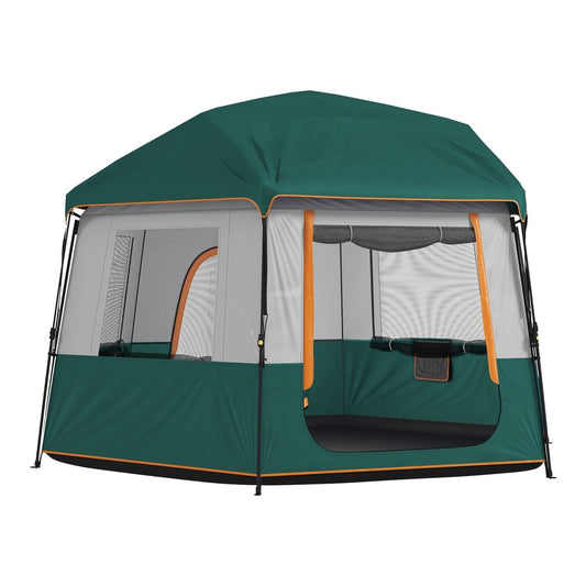 Outsunny Cabin Tent, a green and grey camping tent with orange trim, shown from the front