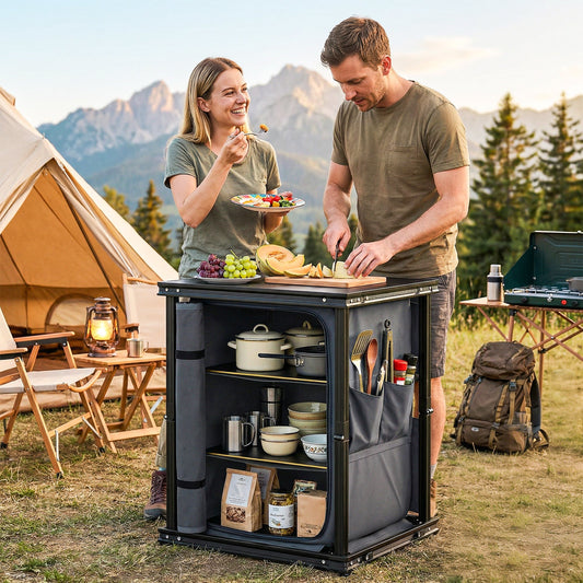 The camping furniture being used by a couple to prepare food at a campsite