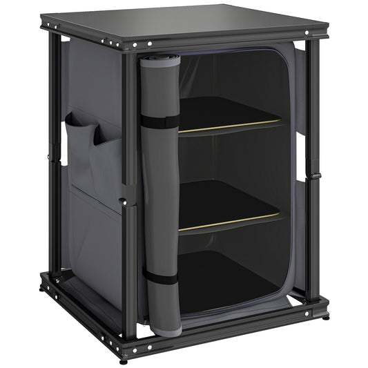 Outsunny Camping Cupboards with three internal shelves and side storage pockets in black
