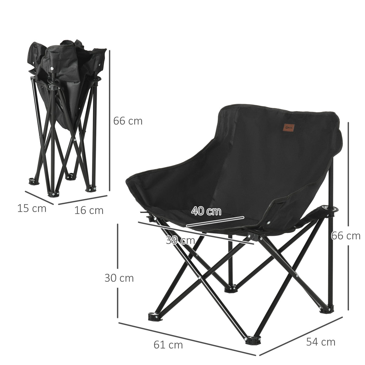 A black camping chair with dimensions shown for height, width and depth, and folded size