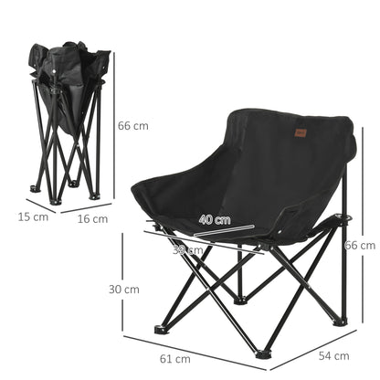 A black camping chair with dimensions shown for height, width and depth, and folded size