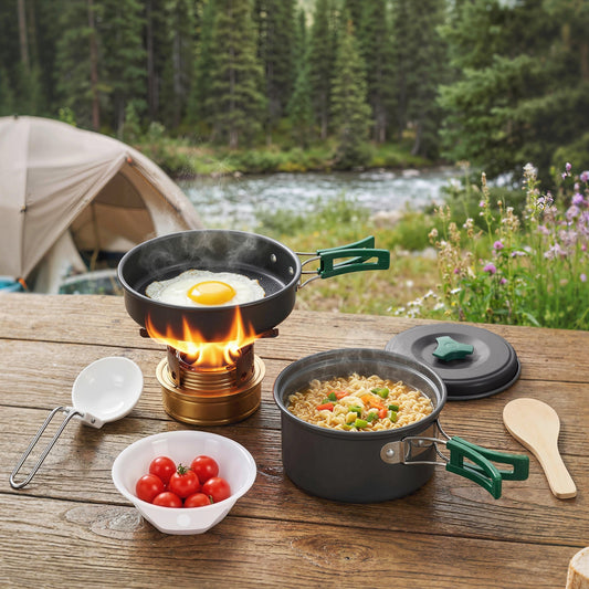 Camping cookware set being used outdoors with a tent and river in the background