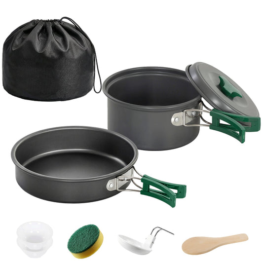 Outsunny Camping Cookware Set, showing the pots, pans, bowls, sponge and utensils with a carry bag