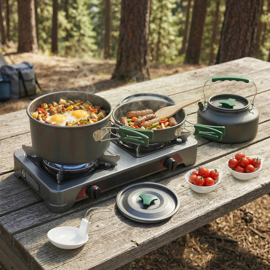 The camping cooking kit in use on a portable stove outdoors with sausages and vegetables cooking
