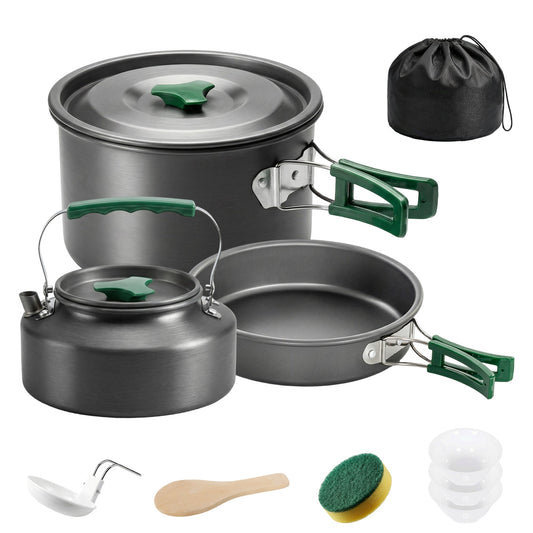 Outsunny Camping Cookware Set for 2-3 People, a grey aluminium pot, frying pan, kettle, ladle, wooden spoon and sponge