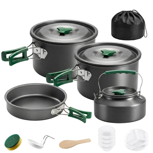 Outsunny Camping Cookware Set for 4-5 People with pots, pans, kettle, and accessories in a carry bag