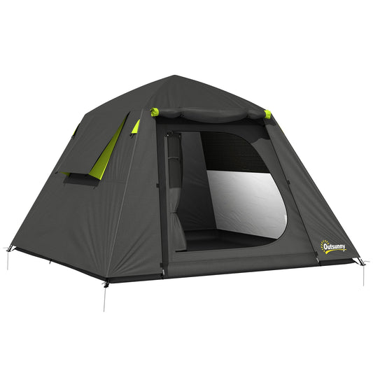 Outsunny Camping Tent, a grey and green two-person tent with two doors pitched on grass